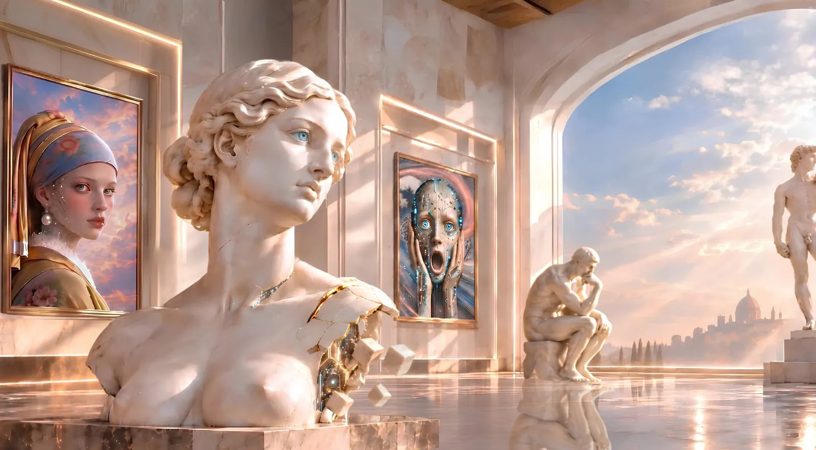 A marble gallery hung with Cyber Art by 7th ART: Venus, Girl with a Pearl Earring and The Scream, with The Thinker and David in the room and Florence through the arch