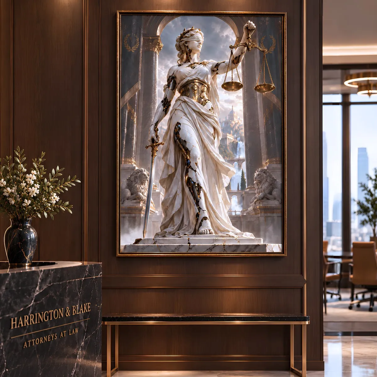 Lady Justice hanging in a law firm reception