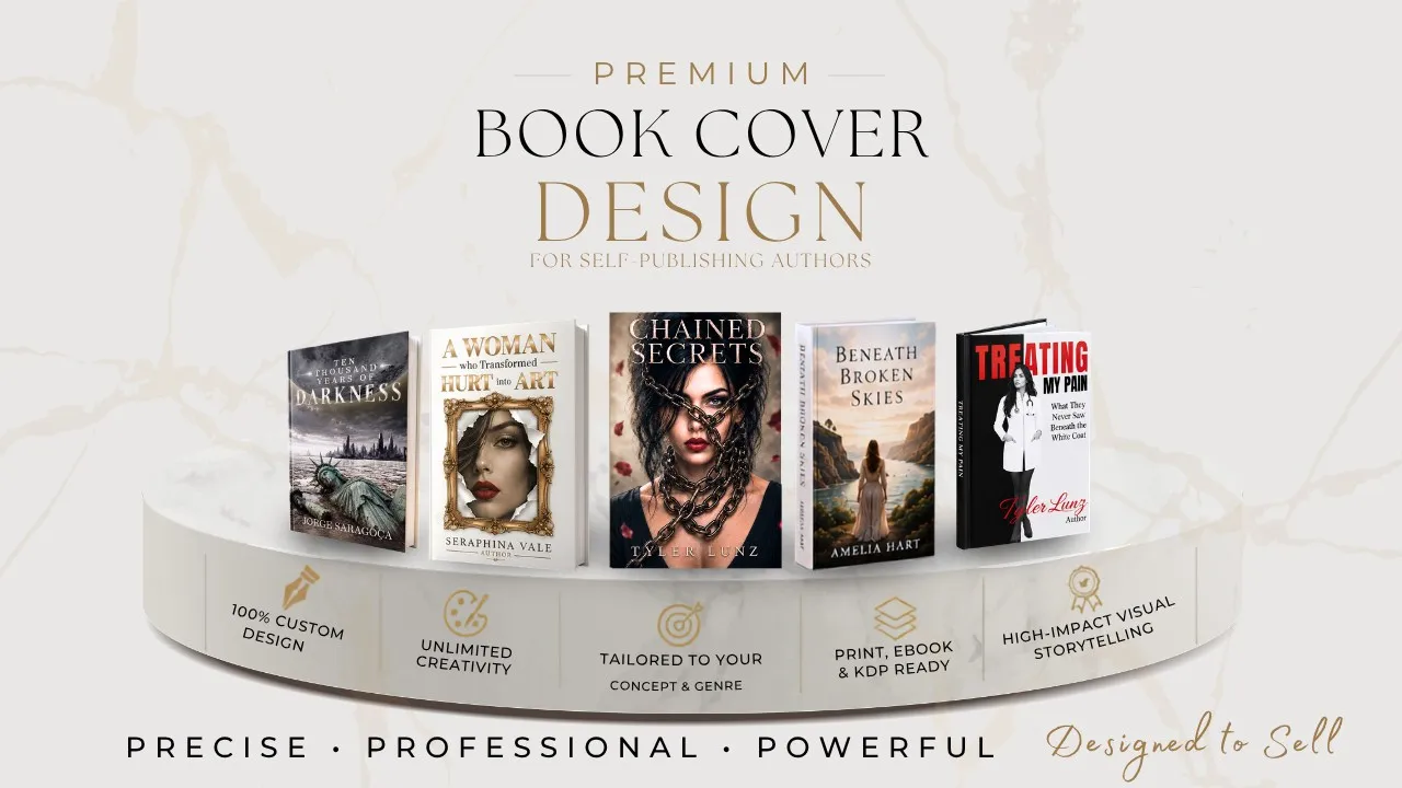 Premium book cover design for self-publishing authors: 100% custom design, unlimited creativity, tailored to your concept and genre, print, ebook and KDP ready, high-impact visual storytelling. Precise, professional, powerful. Designed to sell.