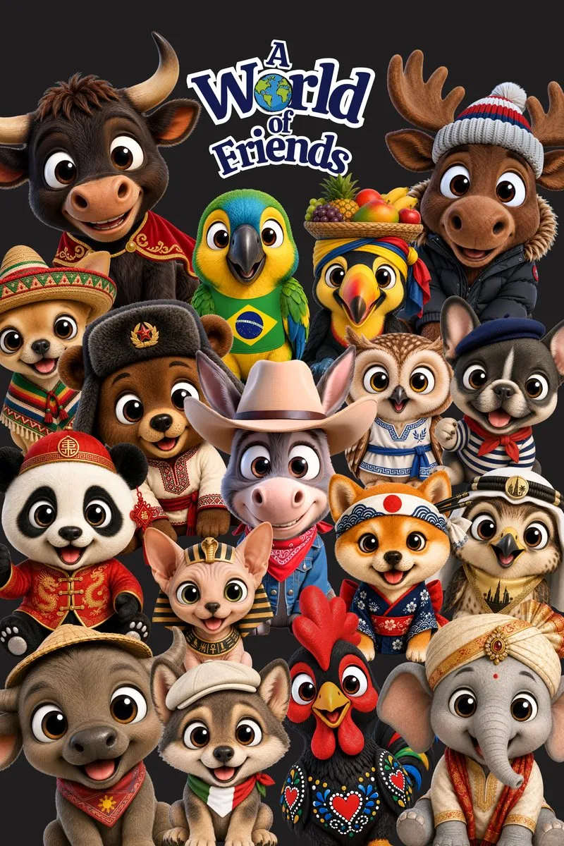A World of Friends poster: seventeen of Little Donkey's friends in the dress of their countries